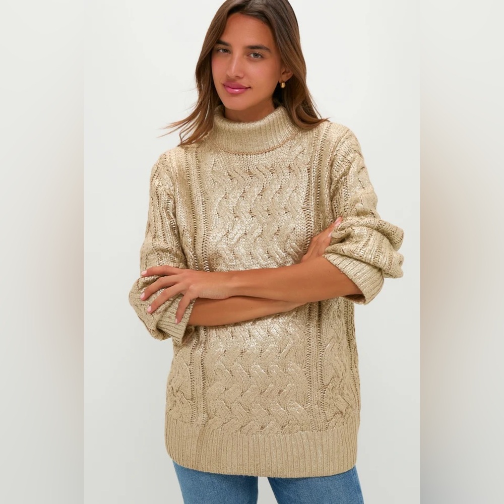 Pomander Place Metallic Cream Cable Knit Turtleneck Sweater